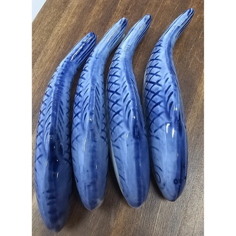 Japanese Porcelain Fish Chop Stick Rests Set of 4 Blue & White Asian 3.5” Length